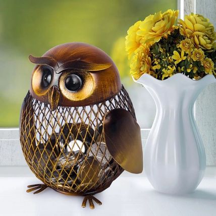 Handmade Owl Piggy Bank Metal Craft Coin Money Saving Box Home Decor Art