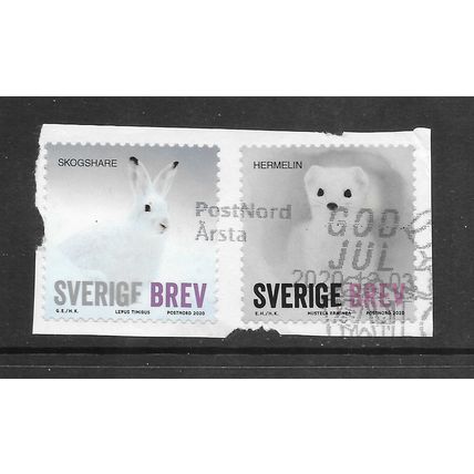 SWEDEN 2020 WILDLIFE FAUNA x2 MOUNTAIN HARE & STOAT SELF ADHESIVE USED HERMELIN
