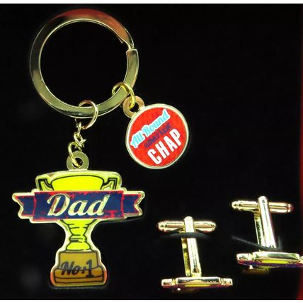 Worlds Greatest Dad Keyring & Cufflinks Trophy Shaped Set Fathers Day Gift