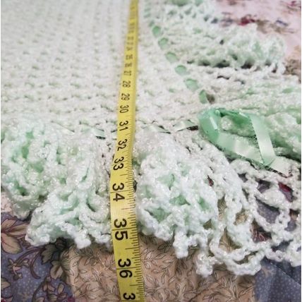Vintage Handmade Crochet Baby Blanket + Mint + Ribbon