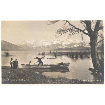 Swiss Man Takes Ladies On Boat Trip Lac Thoune Old Postcard