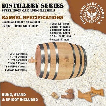 1 Gallon Oak Aging Barrel (Distillery Series - Steel Hoops, Unvarnished) with Wo