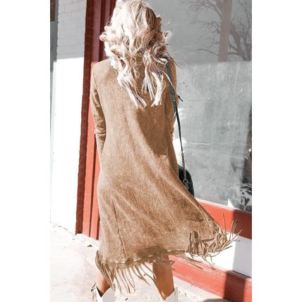 Light French Beige Fringed Hem Pocketed Open Cardigan