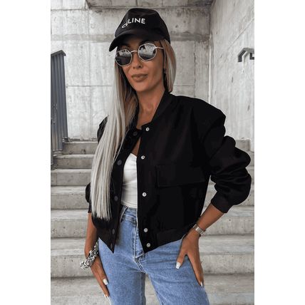 Black Big Pockets Baseball Collar Jacket