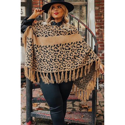 Leopard Plus Size Tasseled Hem Draped Poncho