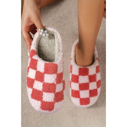 Fiery Red Checkered Print Fuzzy Slip On Winter Slippers