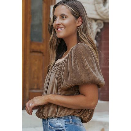 Simply Taupe Pleated Puff Sleeve Square Neck Blouse
