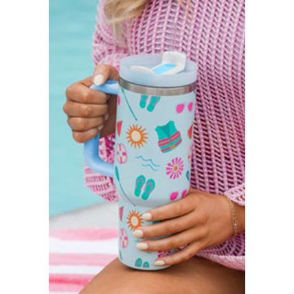 Light Blue Beach Day Fun Pattern Cup with Handle 40oz