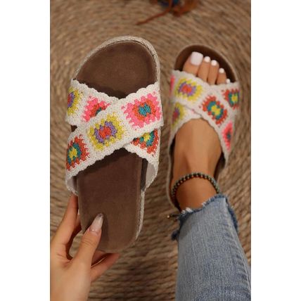 White Geometric Woven Crisscross Strap Platform Slippers