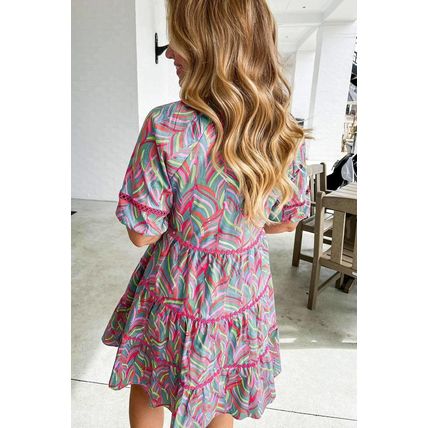 Light Blue Abstract Printed Ricrac Tiered Puff Sleeve Dress