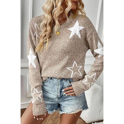 Khaki Star Pattern Drop Shoulder Sweater