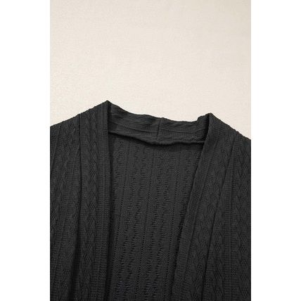 Black Textured Knit Side Pockets Open Front Cardigan