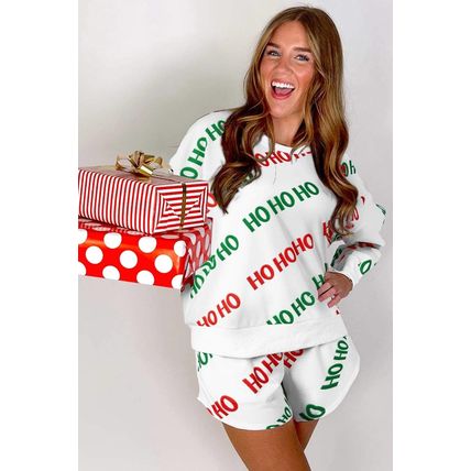 White Christmas HOHOHO Print Drop Shoulder Pullover and Casual Shorts Set