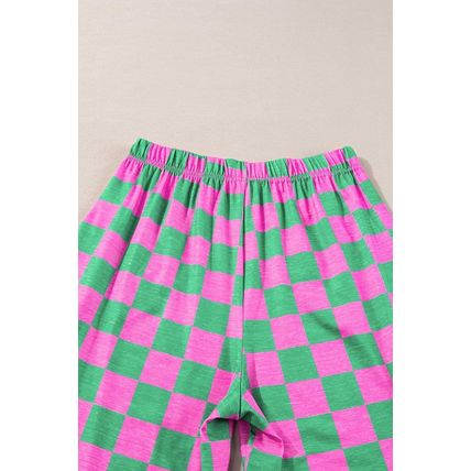 Green 2-Tone Checked Print High Waist Wide Leg Pants