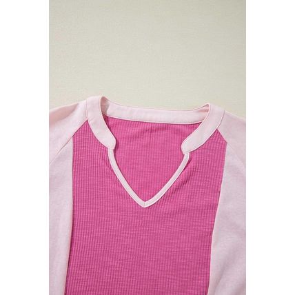Bright Pink Textured Colorblock 3/4 Sleeve Oversize Top