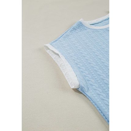 Beau Blue Textured Colorblock Edge Tank Top High Waist Pants Set