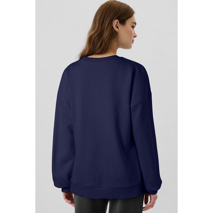Navy Blue Solid Fleece Lined Drop Shoulder High Low Sweatshirt