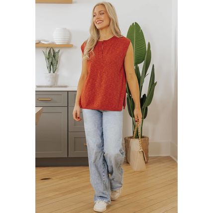 Orange Solid Color Split V Neck Short Sleeve Sweater