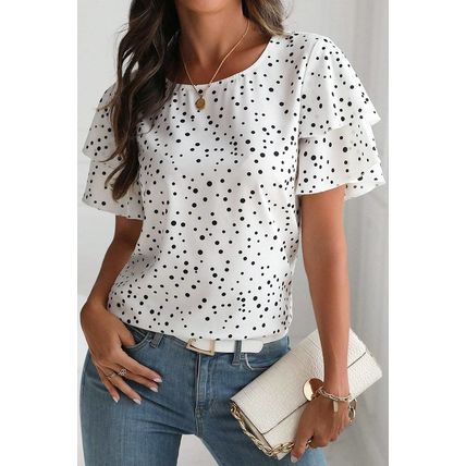 White Dalmatian Print Layered Ruffled Short Sleeve Blouse