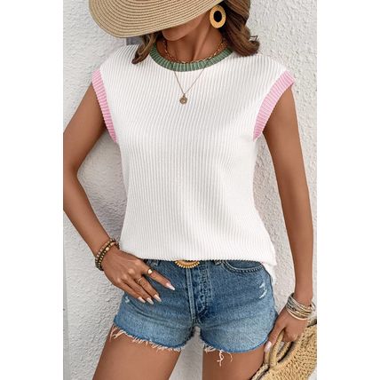 White Color Block Corded Knit Crew Neck Tee