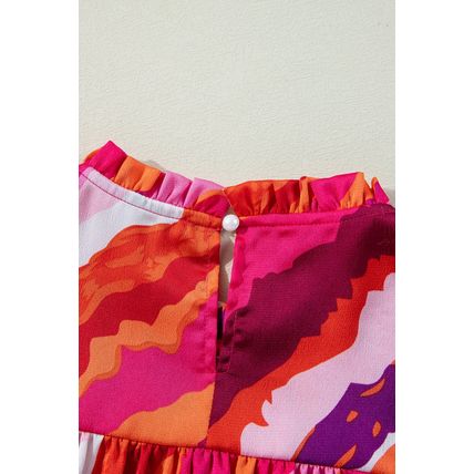 Rose Abstract Print Shirred Yoke Ruffled Blouse