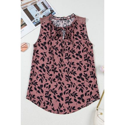Brown Leaf Print Lace-up V Neck Crinckled Tank Top