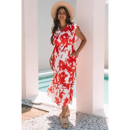 Red Floral Print Trimmed V Neck Ruffle Sleeve Long Dress