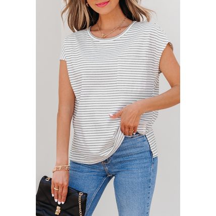 White Stripe Cap Sleeve Crew Neck Casual Tee with Chest Pocket