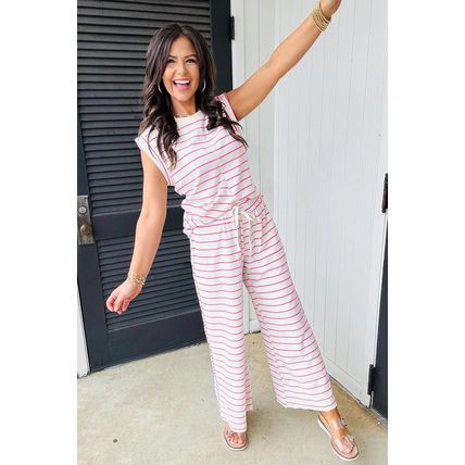 Rose Stripe Casual Wide Leg 2pcs Pants Set