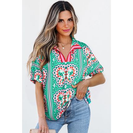 Sea Green Boho Abstract Print Contrast Striped Collared V Neck Blouse