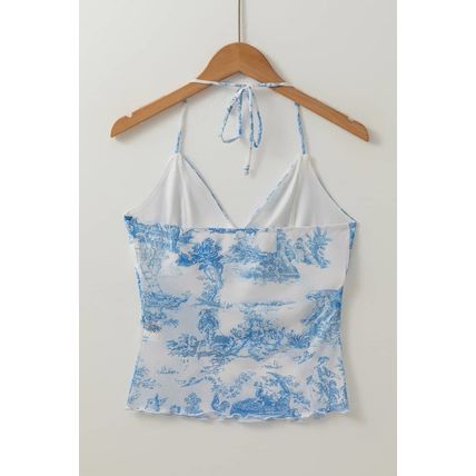 Sky Blue Random Printed Mesh Bow Detail Halterneck Tank Top