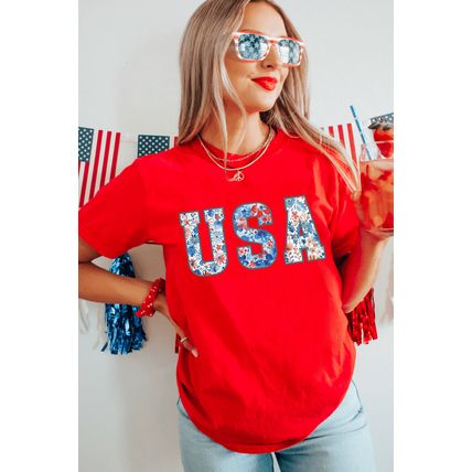 Red Floral USA Graphic Cuffed Sleeve Crew Neck Tee