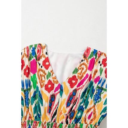 Sky Blue Abstract Print V Neck Dolman Sleeve Ruffle Tiered Mini Dress