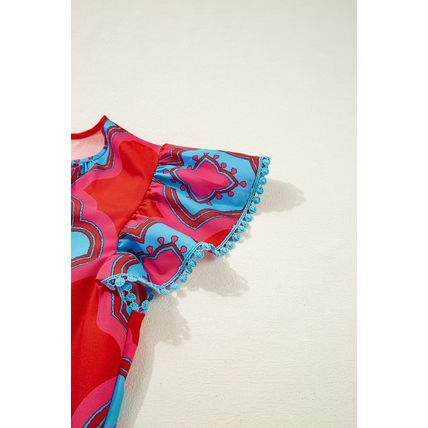 Red Abstract Floral Print Trimmed Flutter Sleeve Blouse