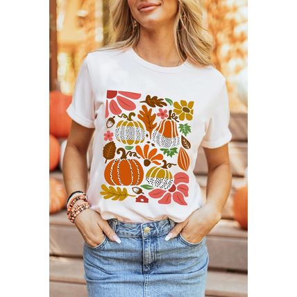 White Pumpkin Flower Print Fall Graphic Cotton Blend Tee