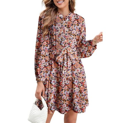 Multicolour Floral Print Long Sleeve Pleated Detail Bleted Mini Dress