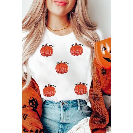 White Glitter Pumpkin Patched Cotton Blend T Shirt