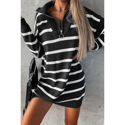 Black Striped/Solid O-ring Zip Collared Loose Sweater Mini Dress