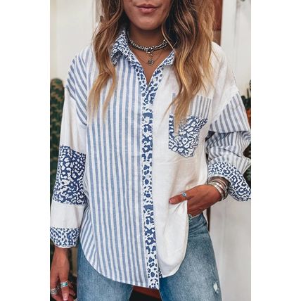 Sky Blue Leopard Striped Western Casual Shirt