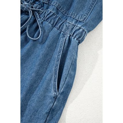 Sky Blue Buckle Straps Bib Style Tied Backless Flared Denim Overall