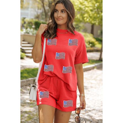 Orange Sequined American Flag Twisted Rib Texture 2pcs Short Set