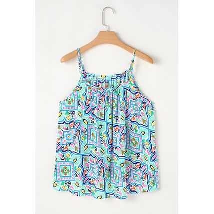White Rhinestone Boho Floral Printed Spaghetti Strap Tank Top