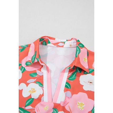 Fresh Salmon Floral Print Contrast Striped Trim Polo Collar T Shirt Dress