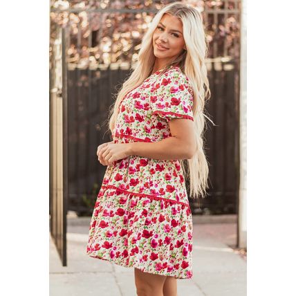 Red Floral Puff Sleeve Tiered Ric Rac Pocketed Mini Dress