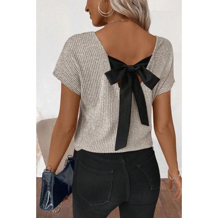 Gray Morn Ribbed Short Sleeve V Neck Colorblock Bow Back Top