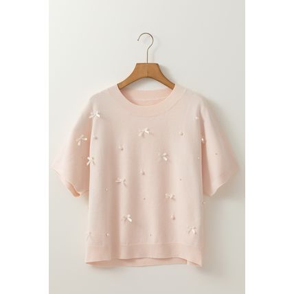Oatmeal Pearl Bow Embellished Dolman Short Sleeve Sweater