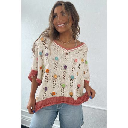 Delicacy Embroidered Flowers Colorblock Edge Hollowed Sweater