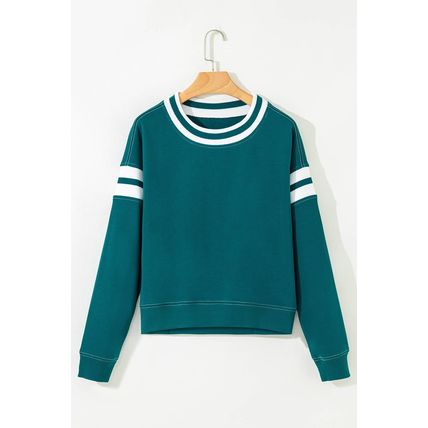 Blackish Green Contrast Striped Patchwork Round Neck Drop Shoulder Sweatshirt