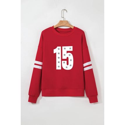 Fiery Red Starry Number 15 Printed Oversize Varsity Sweatshirt