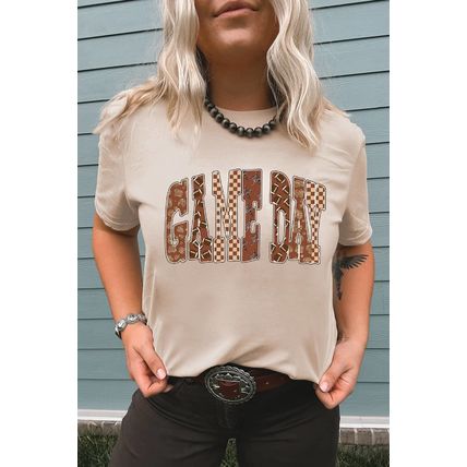 Khaki GAME DAY Rugby Checkered Letter Graphic T Shirt